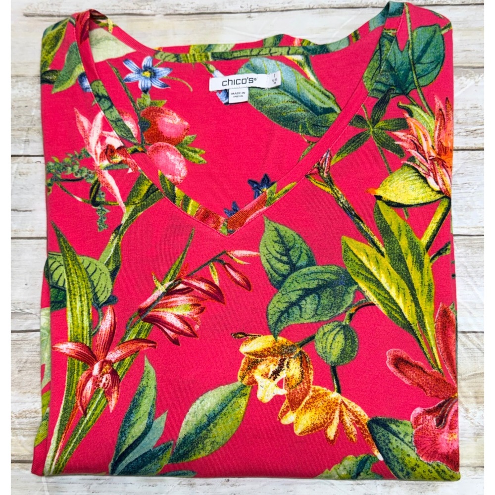 Chico's Pink Floral Pima Cotton‎ V-Neck Short Sleeve Top Size 1(U.S 8) Tropical